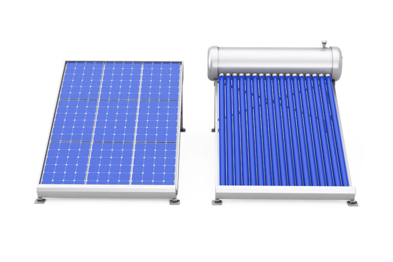 Solar Water Heater with Solar Panel on a white background. 3d Rendering.